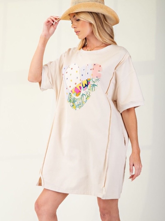easel Dresses & Skirts - New Easel Heart Love Patch Cotton T Shirt Dress Tunic Relaxed Fit Raw Edge Hem